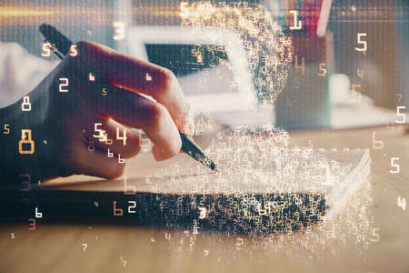 Tech theme hologram over womans hands taking notes background. Concept of hightech. Double exposureの写真素材