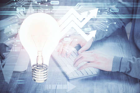 Growing arrows with businessman working on computer on background. Success concept. Double exposure.
