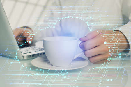 Double exposure of tech drawings with hands working on computer background. Concept of innovation.の写真素材