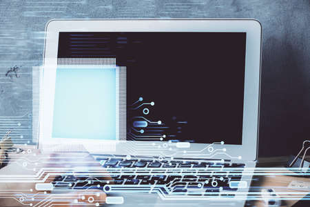 Double exposure of data internet theme hologram with man working on computer on background. Concept of innovation.の写真素材