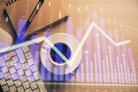 Multi exposure of forex chart drawing and work table top veiw. Concept of financial analysis.の写真素材