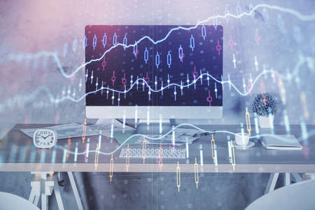 Multi exposure of financial graph drawing and office interior background. Concept of market...