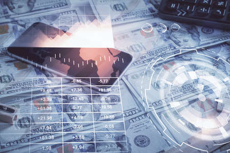 Double exposure of forex graph drawing over us dollars bill background. Concept of financial markets.の写真素材