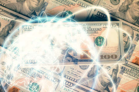 Multi exposure of business theme drawing over us dollars bill background. Concept of financial success.の写真素材