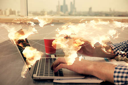 Double exposure of man hands holding a credit card and internet business theme drawing. Digital fintech and E-commerce concept.の写真素材