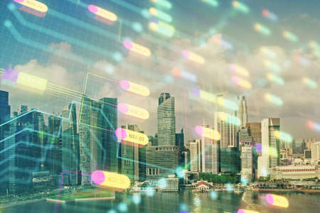 Data theme hologram drawing on city view with skyscrapers background multi exposure. Bigdata concept.の写真素材