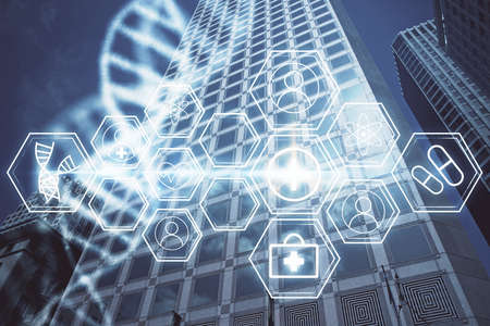 Double exposure of DNA drawing and cityscape background. Concept of education.