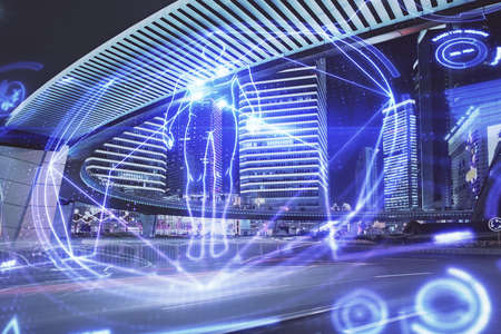 Double exposure of education theme drawing and cityscape background.
