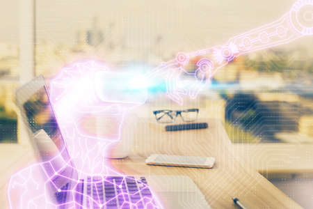 Computer on desktop with AR theme icon. Multi exposure. Concept of augmented reality.