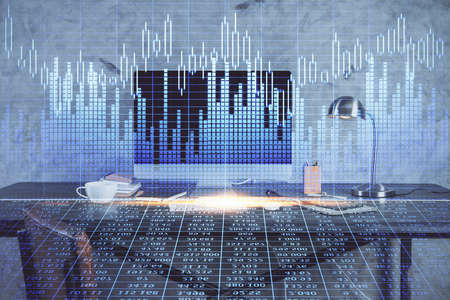 Multi exposure of chart and financial info and work space with computer background. Concept of...