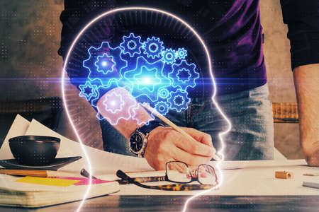 Haman brain multi exposure icon with man hands background. Concept of Ai.