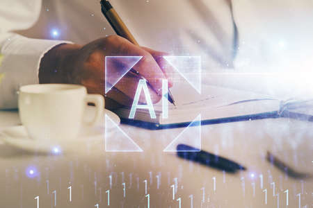 Humans hands with data theme multi exposure background drawings. Concept of innovation.の写真素材