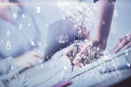 Technology theme hologram over womans hands taking notes background. Concept of Tech. Double...