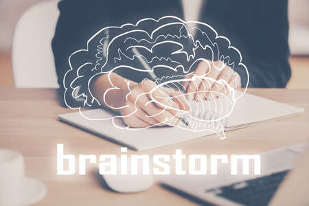 Start up creative drawing over close up hands on background. Concept of brainstorming. Multi exposureの写真素材