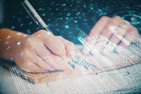 IOT drawing over writing hands in notepad background. Concept of smaert home. Multi exposure