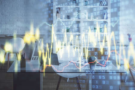 Double exposure of financial graph drawing and office interior background. Concept of stock market.