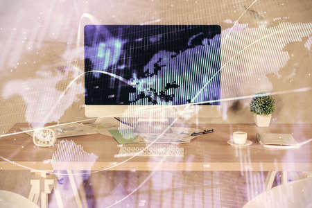 Multi exposure of financial graph drawing and office interior background. Concept of market...