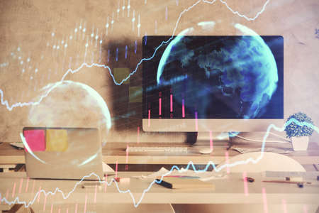 Multi exposure of financial graph drawing and office interior background. Concept of market...