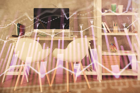 Multi exposure of stock market chart drawing and office interior background. Concept of financial...