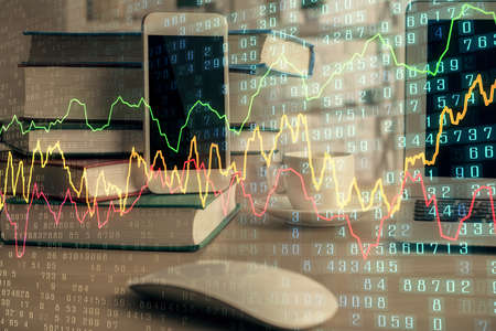 Double exposure of financial graph drawing and cell phone background. Concept of forex trading