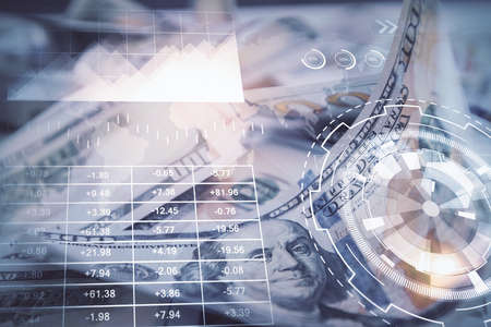Double exposure of forex graph drawing over us dollars bill background. Concept of financial markets.の写真素材