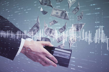 Multi exposure of financial graph drawing hologram and USA dollars bills and man hands. Analysis concept.の写真素材