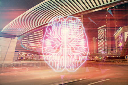 Brain hologram drawing on city scape background Double exposure. Brainstorming concept.