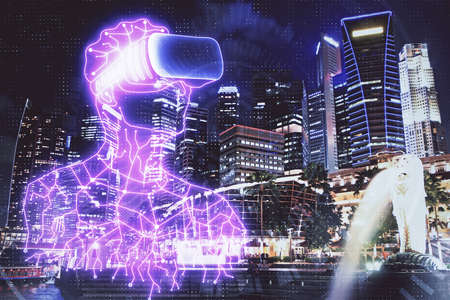 Double exposure of AR people drawing and cityscape background. Concept of augmented reality.