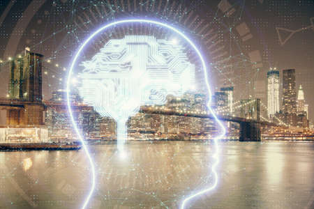 Brain hologram drawing on city scape background Double exposure. Brainstorming concept.