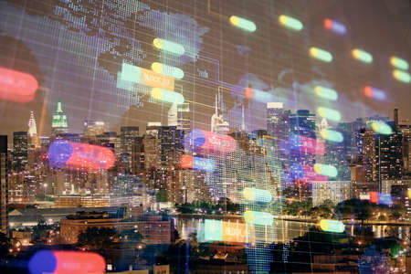 Data theme hologram drawing on city view with skyscrapers background double exposure. Ai concept.の写真素材