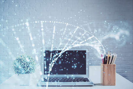 Desktop computer background and DNA drawing. Double exposure. Science concept.の写真素材