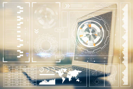 Double exposure of desktop with computer on background and tech theme drawing. Concept of big data.