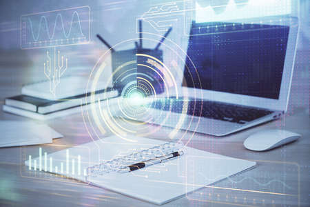 Double exposure of computer and technology theme drawing. Concept of innovation.