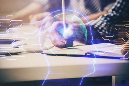 Mans hands with atificial intelligence double exposure icon. Concept of computer learning.