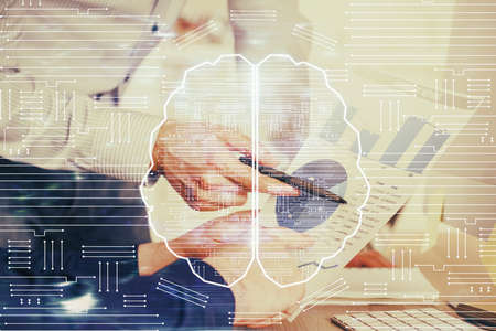 Mans hands with atificial intelligence double exposure icon. Concept of computer learning.