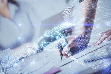 Technology theme hologram over womans hands taking notes background. Concept of Tech. Double...