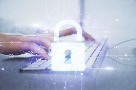 Multi exposure of lock icon with man working on computer on background. Concept of network...