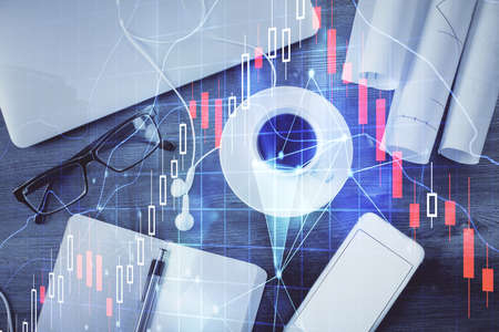 Multi exposure of forex graph drawing over desktop background with computer. Concept of financial...