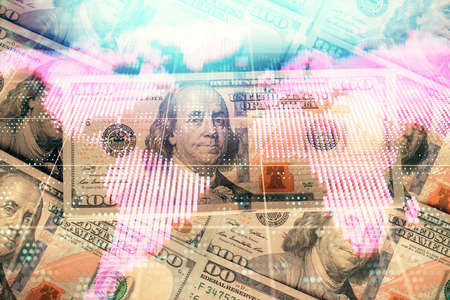 Multi exposure of business theme drawing over us dollars bill background. Concept of financial...