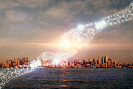 Data theme hologram drawing on city view with skyscrapers background multi exposure. Bigdata...