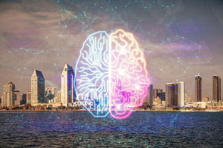Brain hologram drawing on cityscape background multi exposure. Ai in modern city concept.の写真素材
