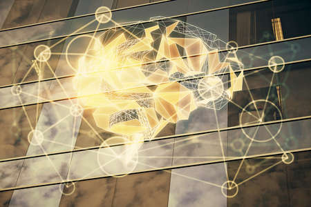 Brain hologram drawing on city scape background Double exposure. Brainstorming concept.の写真素材
