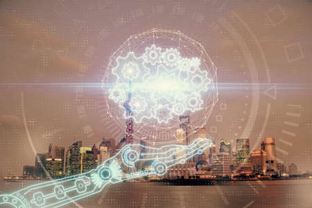 Data theme hologram drawing on city view with skyscrapers background double exposure. Ai concept.の写真素材