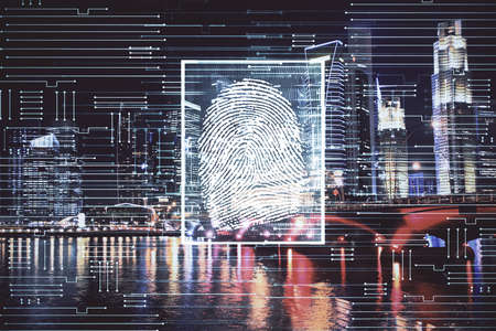 Double exposure of finger print hologram and cityscape background. Concept of personal security.の写真素材