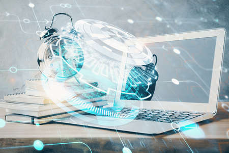 Double exposure of desktop with computer on background and tech theme drawing. Concept of big data.