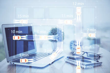 Desktop computer background in office with automobile hologram drawing. Multi exposure. Tech...