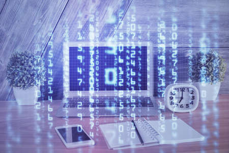 Double exposure of computer and technology theme hologram. Concept of freelance work.