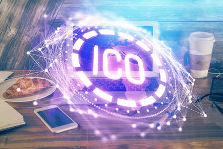 Double exposure of blockchain theme hologram and table with computer background. Concept of bitcoin...