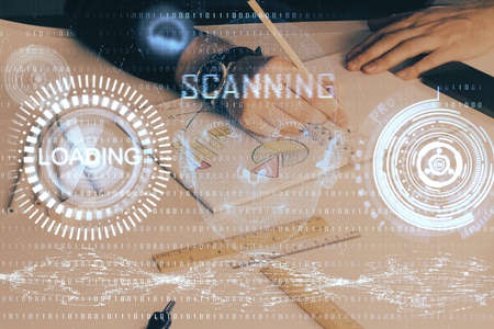 Humans hands with data theme multi exposure background drawings. Concept of innovation.