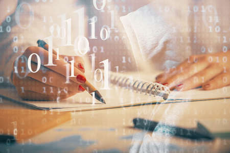 Multi exposure of womans writing hand on background with data technology hologram. Concept of...